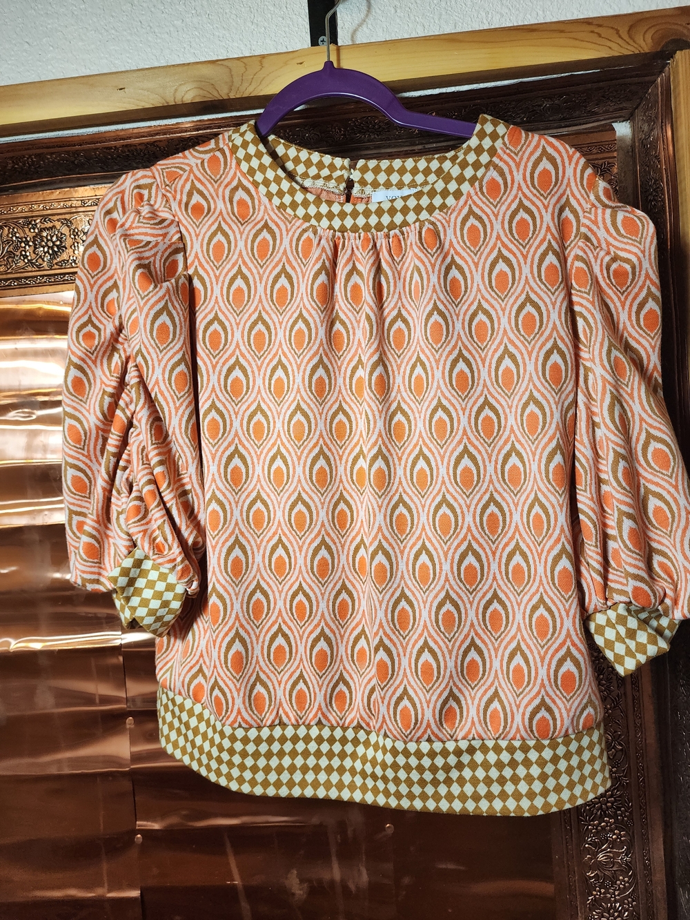 Orange Patterned Puff Sleeve Blouse with Contrasting Trim